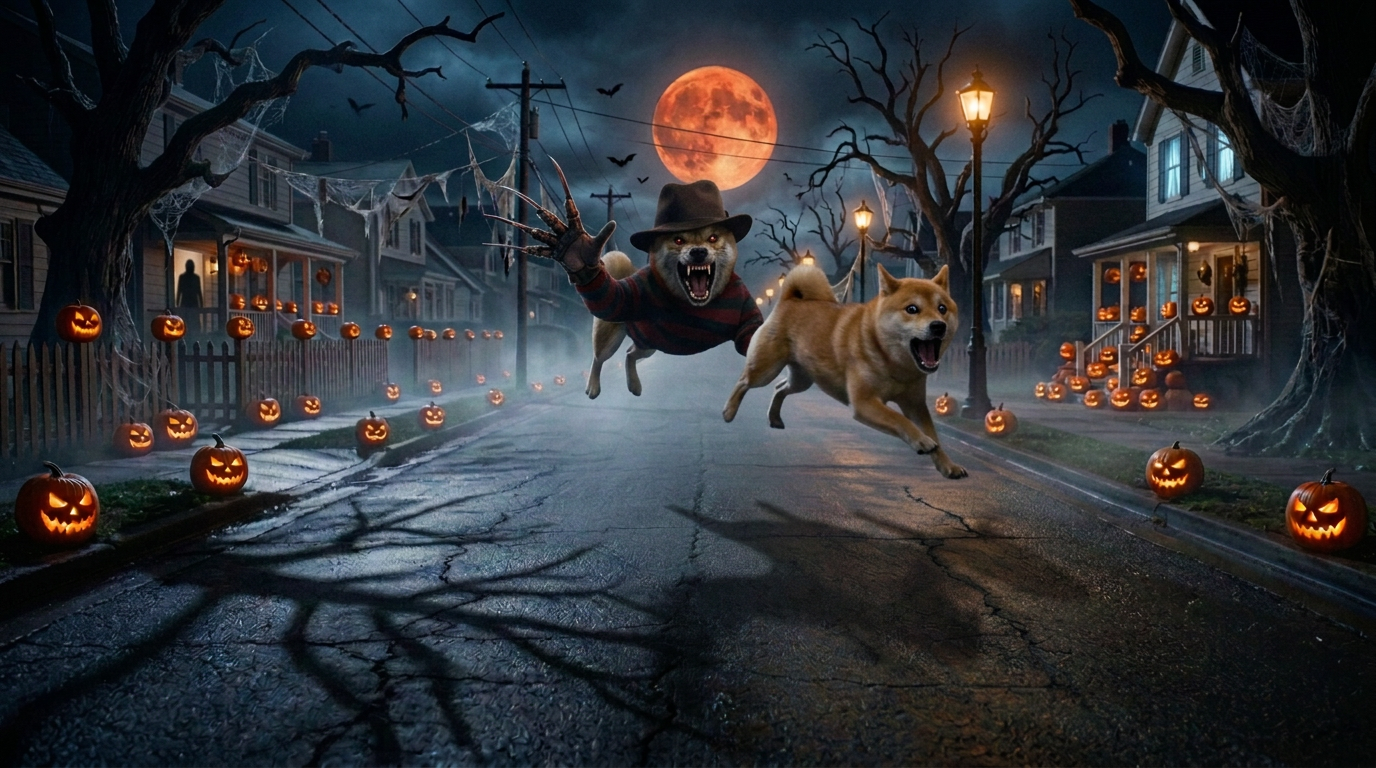 InuStreet in a striped sweater and claw glove chasing an ordinary Shiba Inu down a moonlit suburban street at night